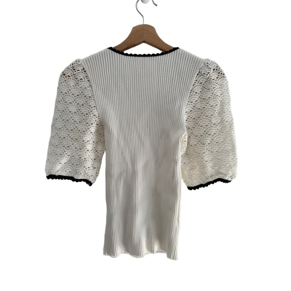 Maje Top Size 2 White Black Trim Crochet Knit Ribbed Scalloped Collar EUC - Picture 3 of 7